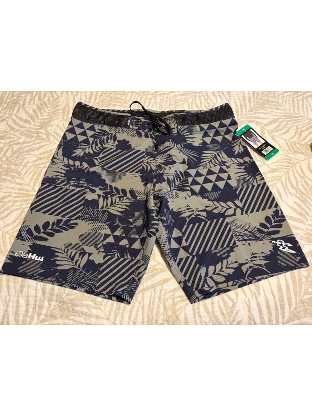 Da Hui Mens Board Shorts 38 Blue & Grey Tropical Geometric Print Quick-Dry with